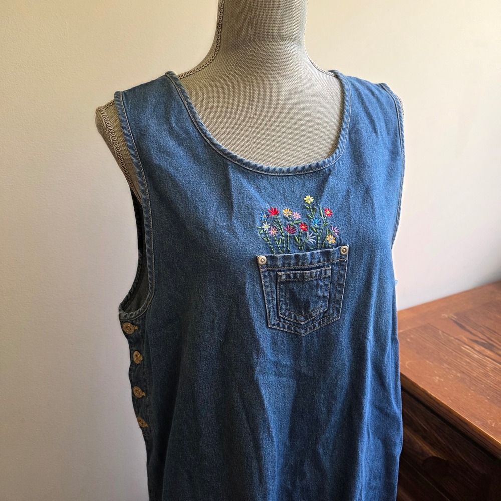 90s Vintage Floral Embroidery Denim Jumper Dress Butter Mom Grandma Blue Large